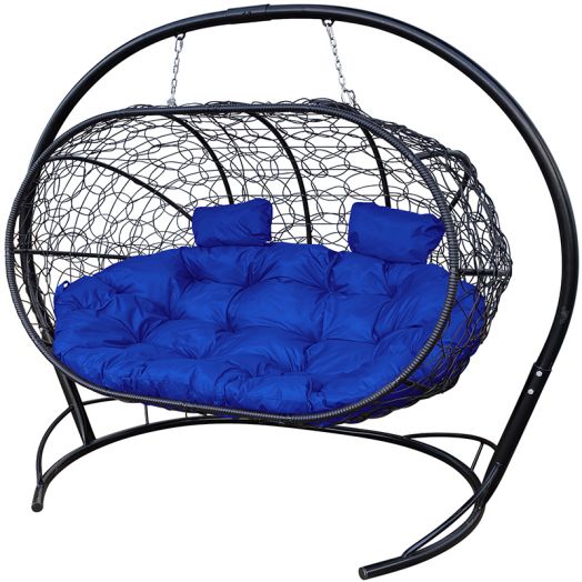 МГПДЛ-14-10 Подвесной диван ЛЕЖЕБОКА с ротангом чёрный, синяя подушка