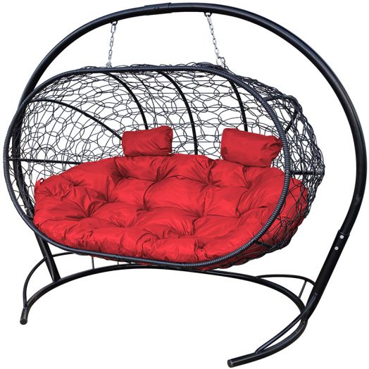 МГПДЛ-14-06 Подвесной диван ЛЕЖЕБОКА с ротангом чёрный, красная подушка