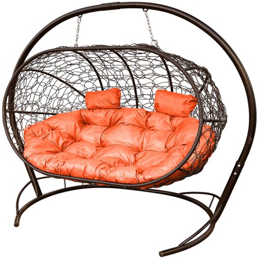 МГПДЛ-12-07 Подвесной диван ЛЕЖЕБОКА с ротангом коричневый, оранжевая подушка