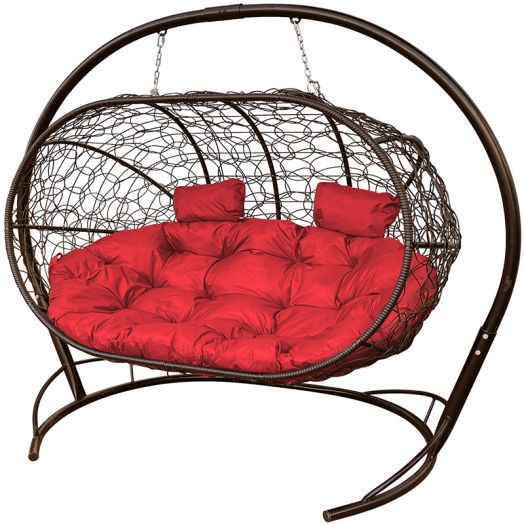 МГПДЛ-12-06 Подвесной диван ЛЕЖЕБОКА с ротангом коричневый, красная подушка