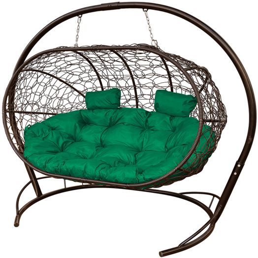 МГПДЛ-12-04 Подвесной диван ЛЕЖЕБОКА с ротангом коричневый, зелёная подушка