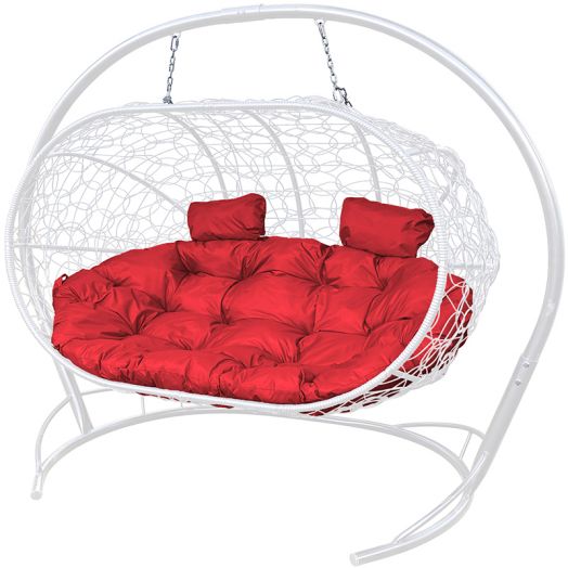 МГПДЛ-11-06 Подвесной диван ЛЕЖЕБОКА с ротангом белый, красная подушка