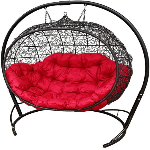 МГПДУ-14-06 Подвесной диван УЛЕЙ с ротангом чёрный, красная подушка