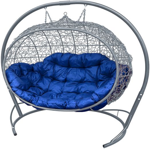 МГПДУ-13-10 Подвесной диван УЛЕЙ с ротангом серый, синяя подушка