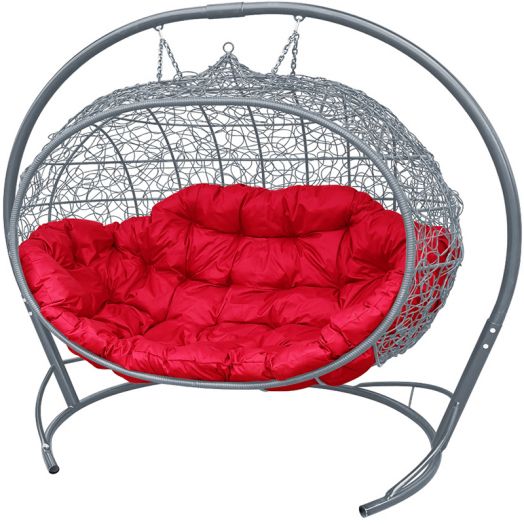 МГПДУ-13-06 Подвесной диван УЛЕЙ с ротангом серый, красная подушка