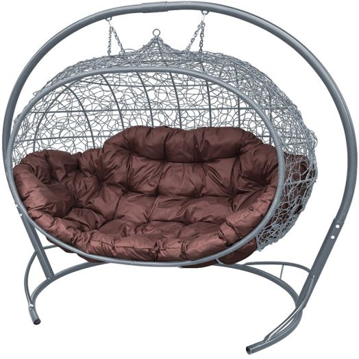 МГПДУ-13-05 Подвесной диван УЛЕЙ с ротангом серый, коричневая подушка