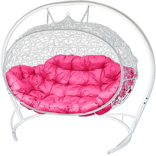 МГПДУ-11-08 Подвесной диван УЛЕЙ с ротангом белый, розовая подушка