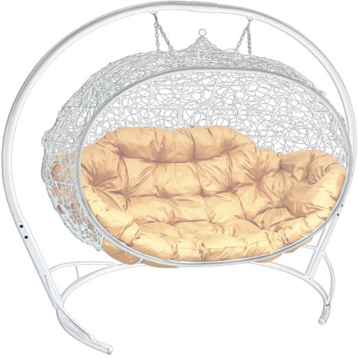 МГПДУ-11-01 Подвесной диван УЛЕЙ с ротангом белый, бежевая подушка