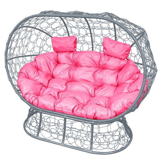 МГОДЛ-13-08 Диван ЛЕЖЕБОКА на подставке с ротангом серый, розовая подушка