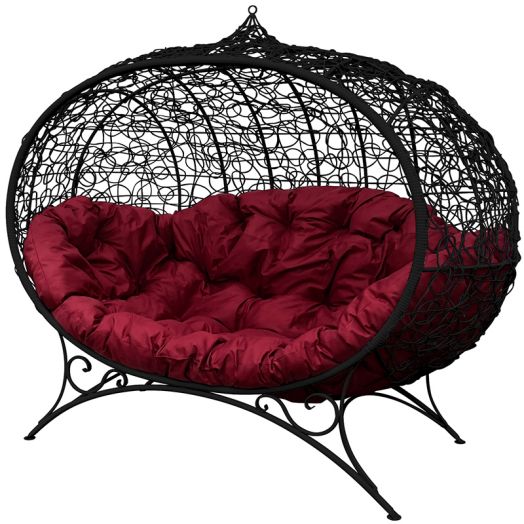 МГОДУ-14-02 Диван УЛЕЙ на ножках с ротангом чёрный, бордовая подушка