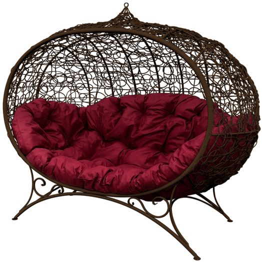 МГОДУ-12-02 Диван УЛЕЙ на ножках с ротангом коричневый, бордовая подушка