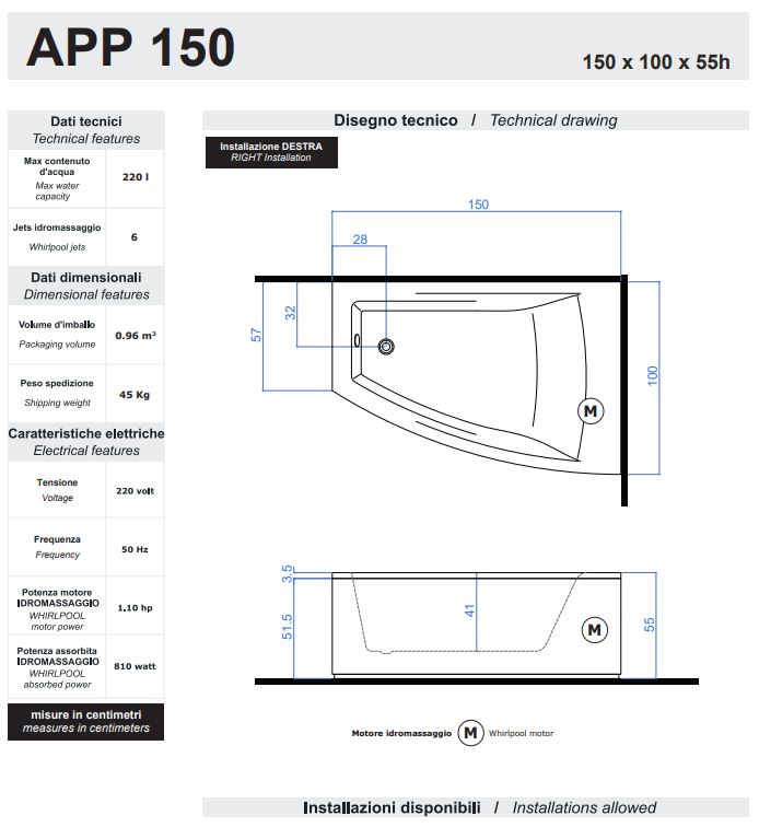 Акриловая ванна Gruppo Treesse App 150x100 V425 с гидромассажем ФОТО