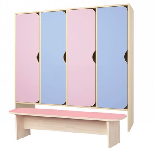 РСН-033 Шкаф детский для одежды с банкеткой 4 секций (Цветные фасады)