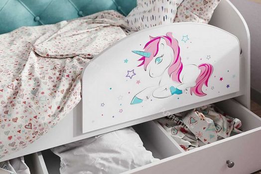 Кровать Звездочка, белый/рисунок единорог/кофе с молоком с пуговицами
