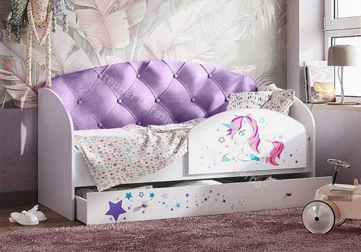 Кровать Звездочка, белый/рисунок единорог/фиолетовый с пуговицами