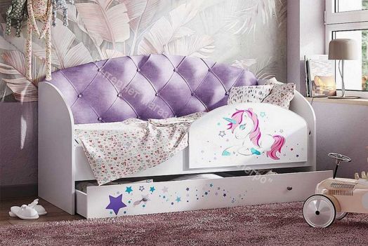 Кровать Звездочка, белый/рисунок единорог/фиолетовый со стразами