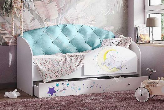 Кровать Звездочка, белый/рисунок медвежонок/бирюзовый со стразами