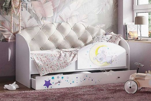 Кровать Звездочка, белый/рисунок медвежонок/кофе с молоком со стразами