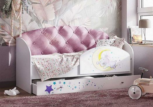 Кровать Звездочка, белый/рисунок медвежонок/розовый с пуговицами