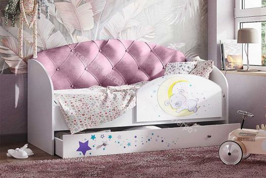 Кровать Звездочка, белый/рисунок медвежонок/розовый со стразами