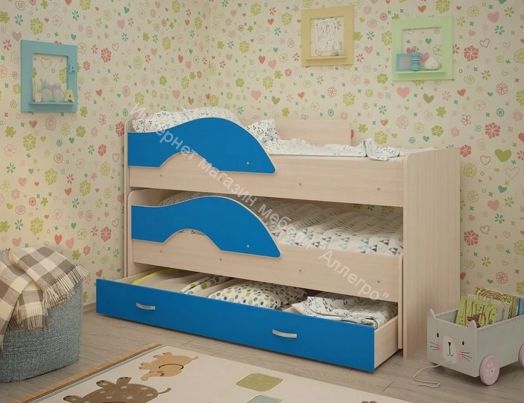 Кровать "Радуга" выкатная 1.9 на щитах с ящиком  Млечный дуб, Синий