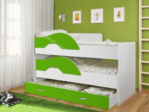 Кровать выкатная "Радуга" (Матрешка) 0,8х1,6м на щитах с ящиком и лесенкой Белый, Лайм