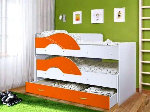 Кровать выкатная "Радуга" (Матрешка) 0,8х1,6м на щитах с ящиком и лесенкой Белый, Оранжевый