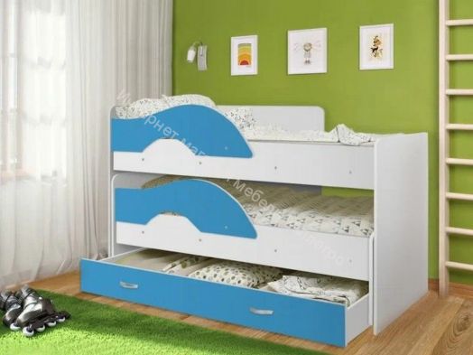 Кровать 2-х ярусная выкатная "Радуга" (Матрешка) 0,8х1,6м на щитах с ящиком и лесенкой Белый, Синий