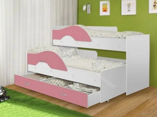 Кровать 2-х ярусная выкатная "Радуга" (Матрешка) 0,8х1,6м на щитах с ящиком и лесенкой Белый, Розовый
