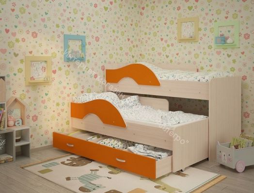 Кровать "Радуга" выкатная 1.9 на щитах с ящиком  Млечный дуб, Оранжевый