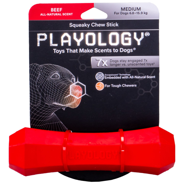 Игрушка для собак средних пород Playology SQUEAKY CHEW STICK красная жевательная палочка средняя с ароматом арахиса