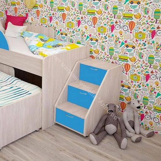 Лестница для кроватей "Радуга" (Матрешка), "Соник" млечный дуб/синий