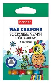 Мелки восковые Hatber 8 цв. Попугай трехгранный корпус диаметр 8 мм