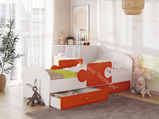 Кровать Мозаика 800*1900 на ламелях с ящиками и бортиками, белый/оранжевый
