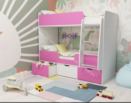 Кровать двухъярусная Малыш Двойняшка 70*160, белое дерево/розовый