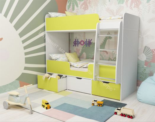 Кровать двухъярусная Малыш Двойняшка 70*160, белое дерево/лайм