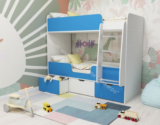 Кровать двухъярусная Малыш Двойняшка 70*160, белое дерево/голубой