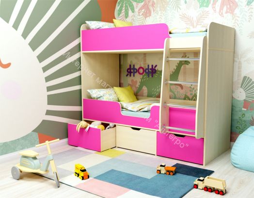 Кровать двухъярусная Малыш Двойняшка 70*160, дуб молочный/розовый