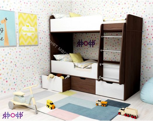 Кровать двухъярусная Малыш Двойняшка 70*160, бодего темный/белое дерево