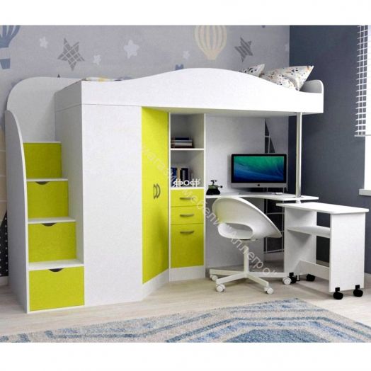 Кровать-чердак Юниор-4 80*190, белое дерево/лайм