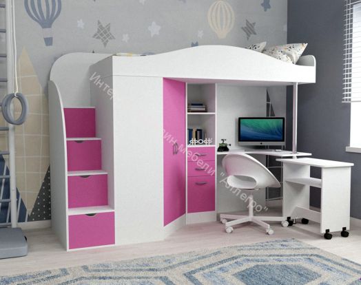 Кровать-чердак Юниор-4 80*190, белое дерево/розовый