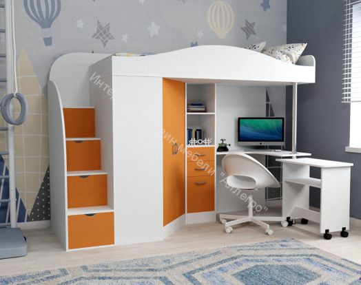 Кровать-чердак Юниор-4 80*190, белое дерево/оранжевый
