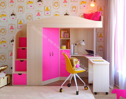 Кровать-чердак Юниор-4 80*190, дуб молочный/розовый