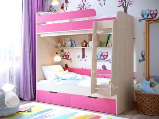 Кровать двухъярусная Юниор-5 0,8*1,9 м, Дуб молочный/Розовый