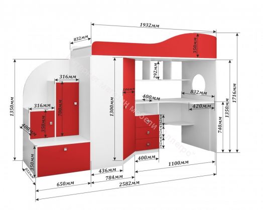 Кровать-чердак Кадет-1 08*1,9 м, Белое дерево/Ирис