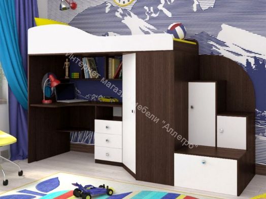 Кровать-чердак Кадет-1 08*1,9 м, Бодего темный/Белое дерево