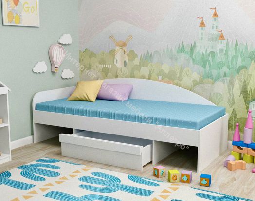 Одноярусная кровать Изгиб 0,9*2,0 м с выкатным ящиком, Белое дерево