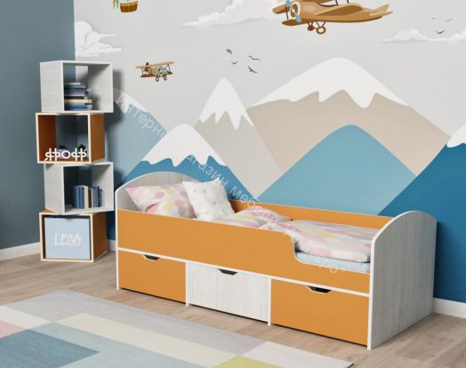 Кровать Малыш Мини 0,7*1,6 м с бортиком и 3-мя выкатными ящиками, Винтерберг / Оранжевый
