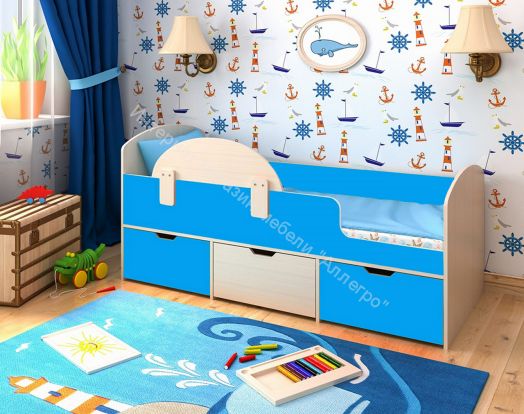 Кровать Малыш Мини 0,7*1,6 м с бортиком и 3-мя выкатными ящиками, Дуб молочный / Голубой