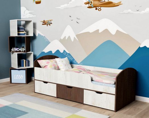 Кровать Малыш Мини 0,7*1,6 м с бортиком и 3-мя выкатными ящиками, Бодего темный / Винтерберг